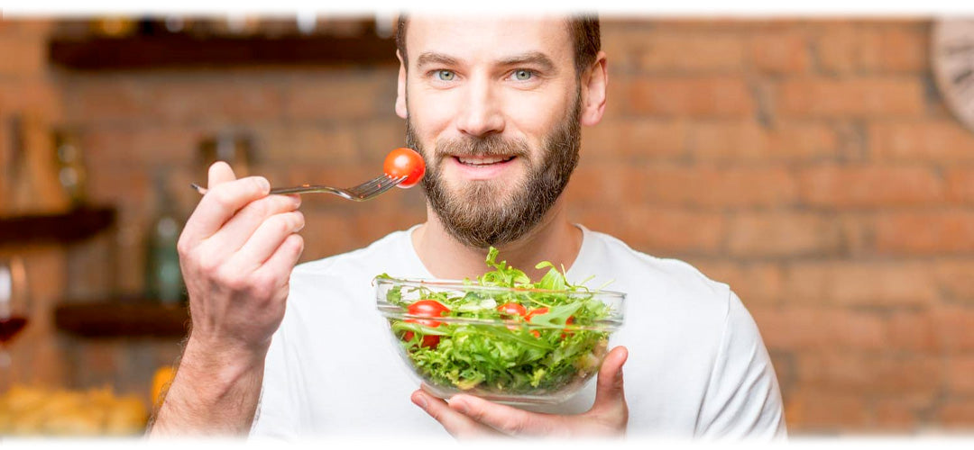 The image suggests the topic of nutrition tailored for men's health and wellbeing.
