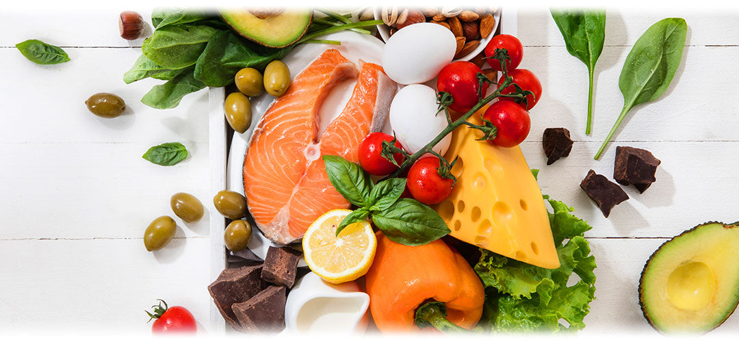 A variety of protein-rich foods including meat, fish, beans, nuts, and tofu, promoting a balanced diet.
