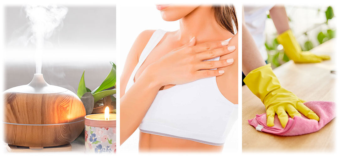 Collage of three wellness scenes: a wooden essential oil diffuser releasing mist next to a lit candle, a woman in a white sports bra applying lotion to her shoulder, and a person wearing yellow gloves cleaning a wooden surface with a pink cloth. Represents relaxation, self-care, and cleanliness.