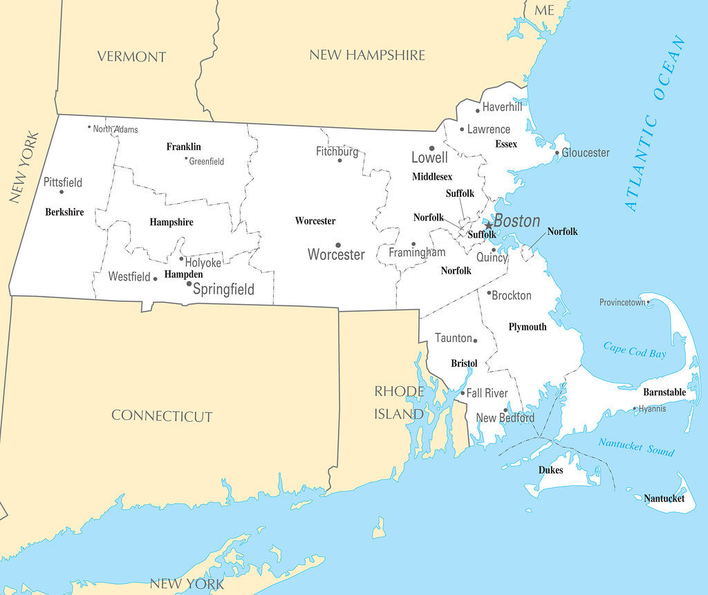 Map of Massachusetts MA - County Map with selected Cities and Towns