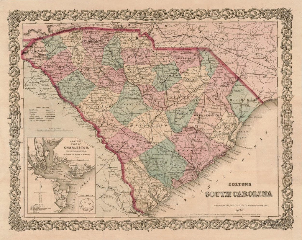 Vintage Map Of South Carolina 1876 Wallmapsforsale 0979