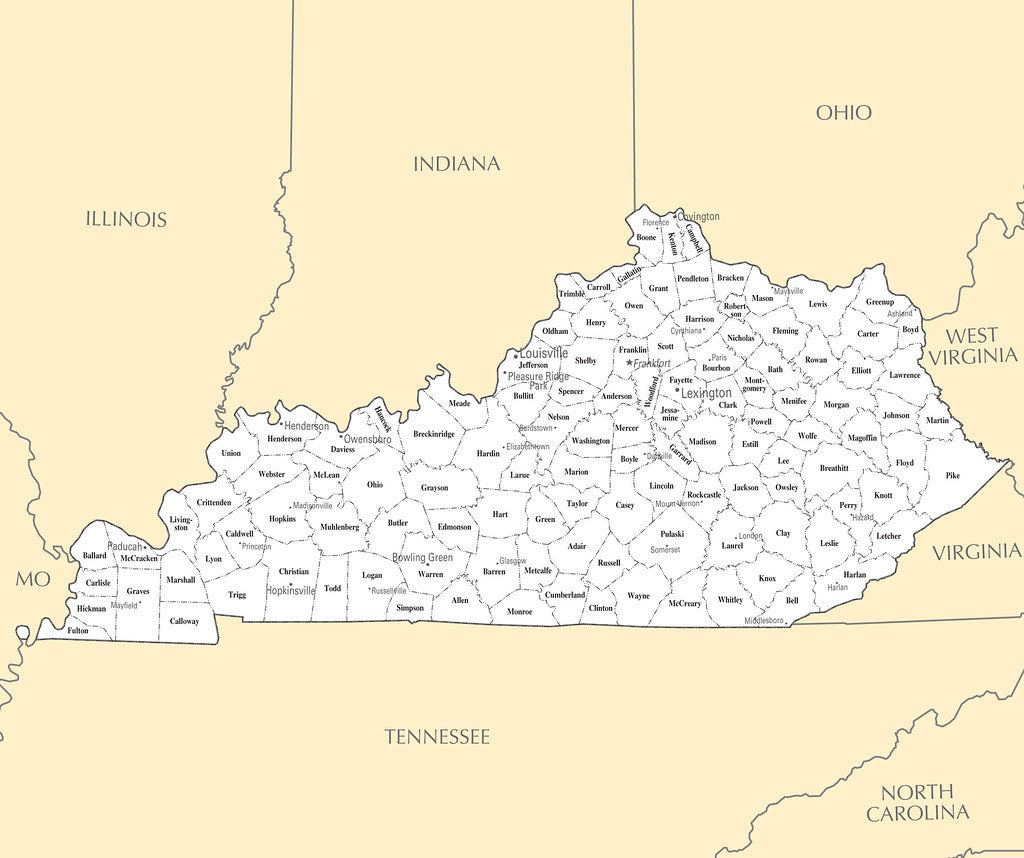 Map of Kentucky KY - County Map with selected Cities and Towns ...