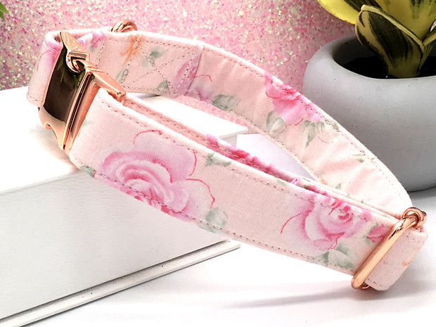 Peach Pink Floral Fabric Dog Collar | Pink & Apricot Roses | FURBELOW Canine Designs