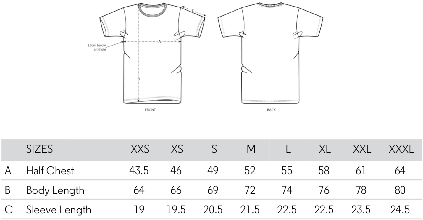 Jousca t-shirt size chart