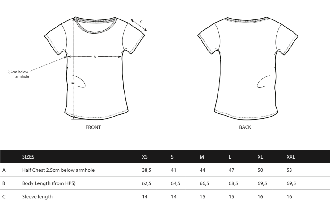 jousca drop t-shirt size chart