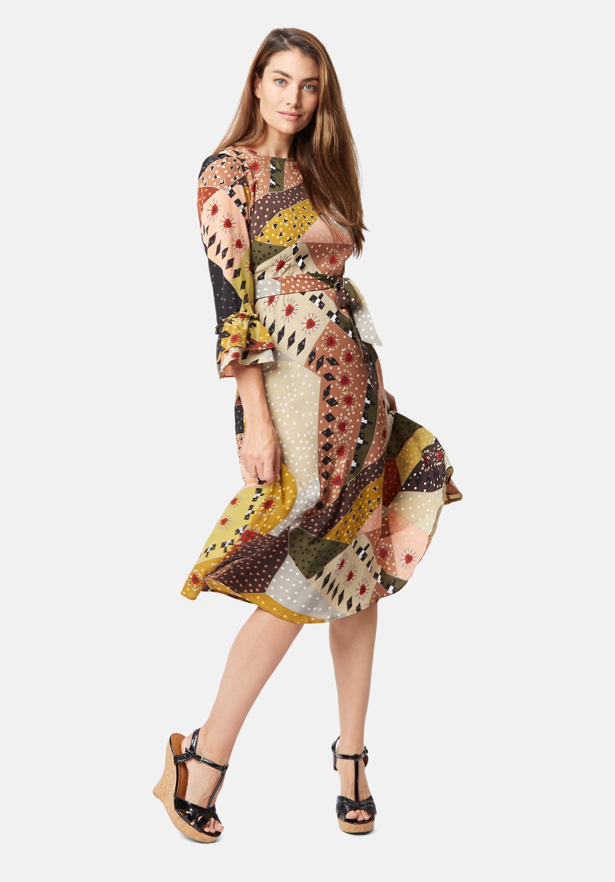 Frill Printed Midi Dress in Multicolour