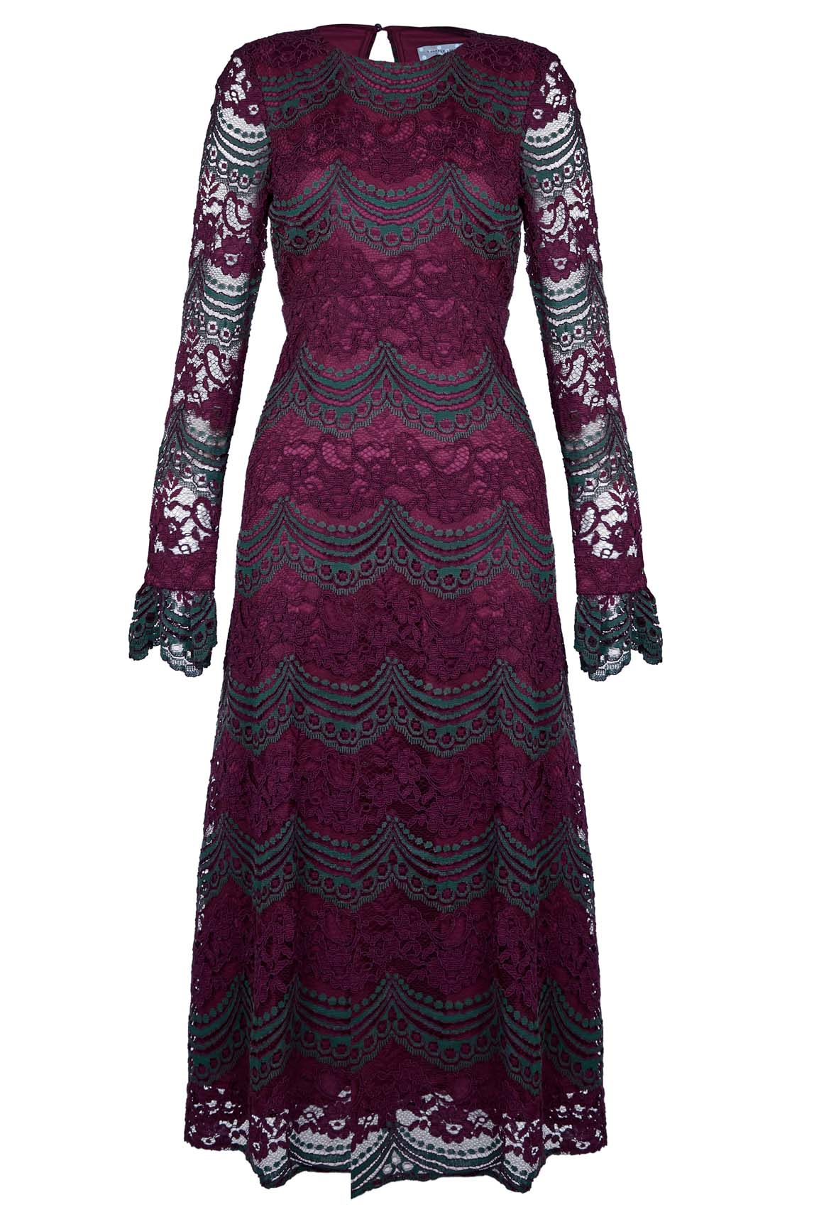 Bountiful Lace Long Sleeve Midi Dress in Maroon and Green