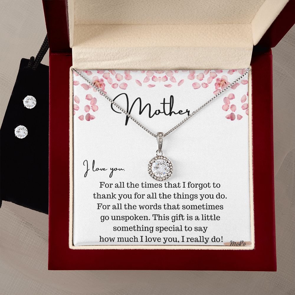 “To My Mother” Cubic Zirconia Crystal Necklace and Earring Set for Women, 14k White Gold Coated Stainless Steel Jewelry Gift for Mom from Daughter from Son