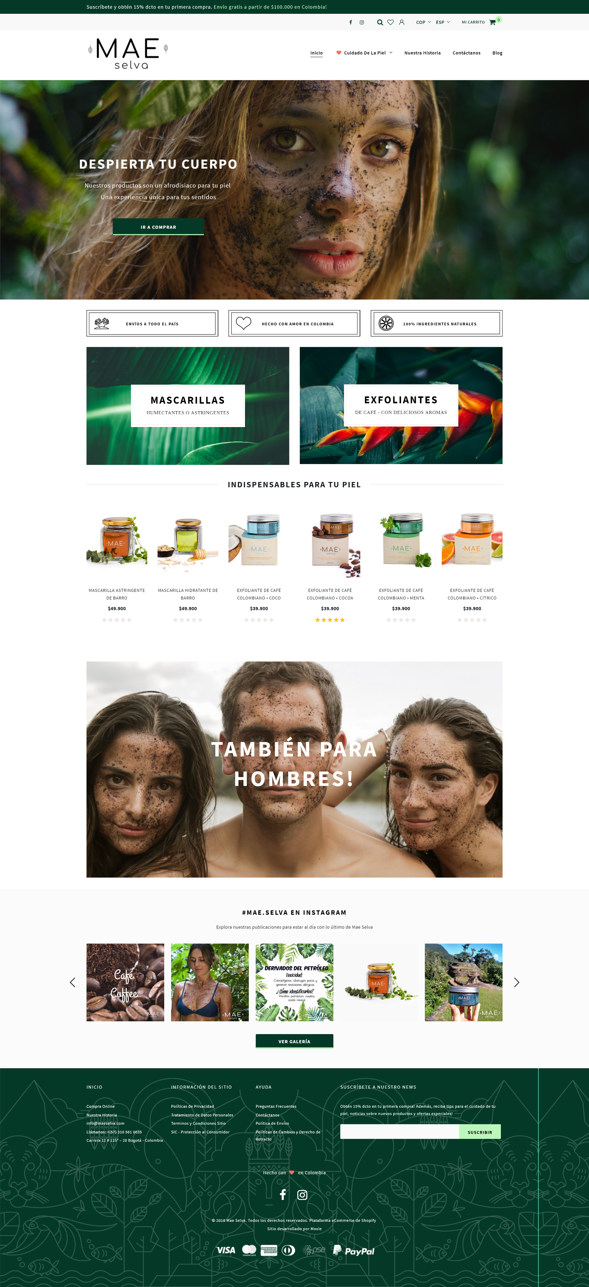 Montaje tienda virtual Productos Cuidado Piel  Mae Selva Colombia en Shopify por Moxie Digital