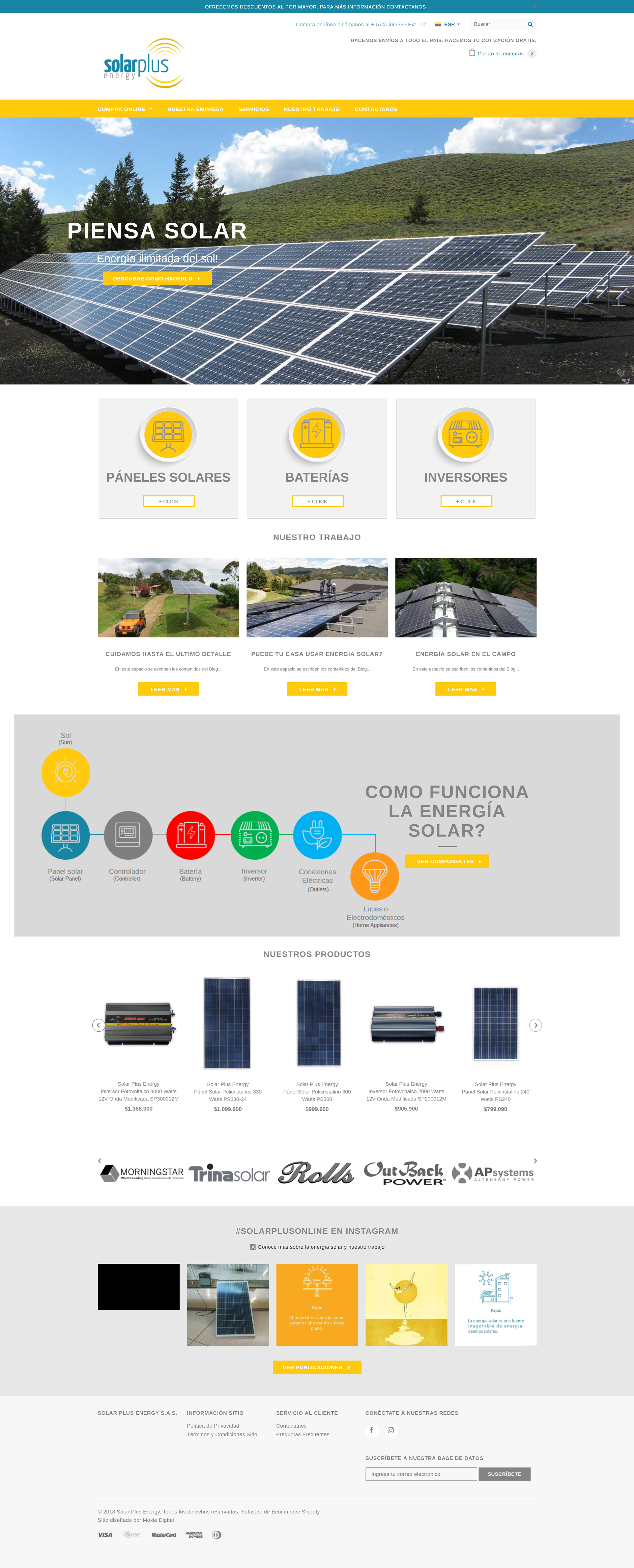Montaje tienda virtual energía solar Solar Plus Colombia en Shopify por Moxie Digital