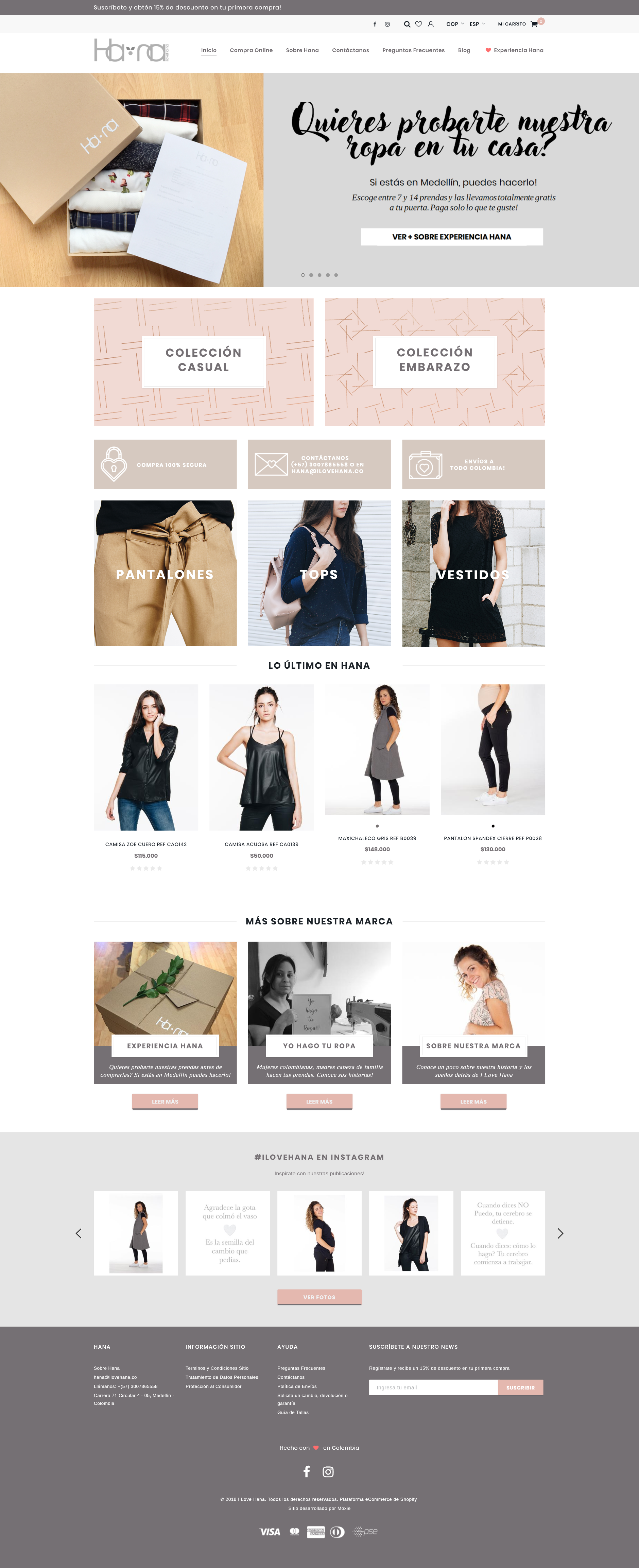 Montaje tienda virtual ropa embarazo y casual I Love Hana Colombia en Shopify por Moxie Digital