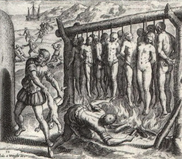 lynching of of Native Indians by the hands of the Spanish conquistadors