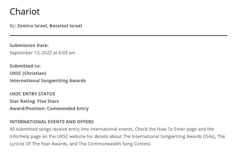 International Songwriting Awards Zemira Israel Commeded 5 Star Entry for Chariot 