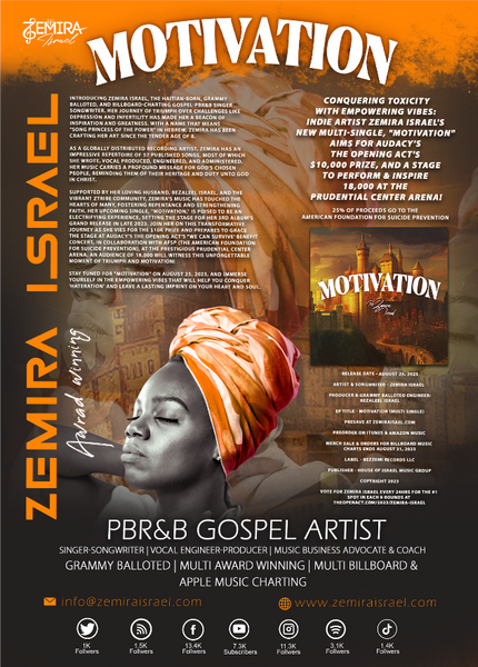 Zemira Israel one sheet august 13, 2023 for Motivation song and multi single
