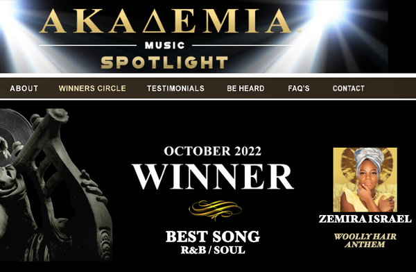 Zemira Israel is the October 2022 Best R&B/Soul Akademia Awards Winner for her "Woolly Hair Anthem" song
