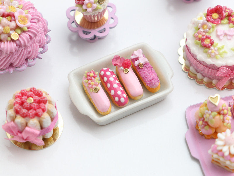 Presentation of Four Beautiful Pink French Eclairs (A) - Miniature Food for Dollhouse 12th scale