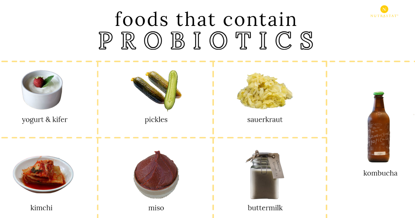 chart of foods with probiotics, food includes yogurt, pickles, sauerkraut, kombucha, kimchi, miso, and buttermilk