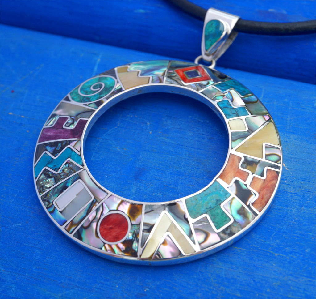 inca calendar necklace large silver inlay pendant from Peru Apu D