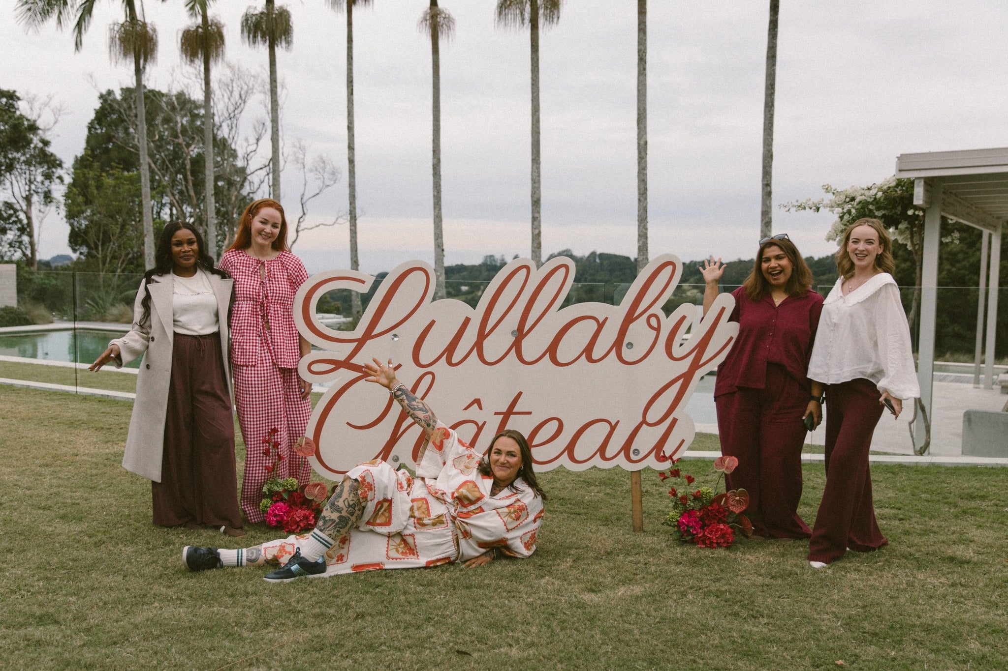 5 customers from the club community at the lullaby chateau wearing white haisley cottage core top burgendy knit pearl pants gingham red set florence top posey pants wine set ja