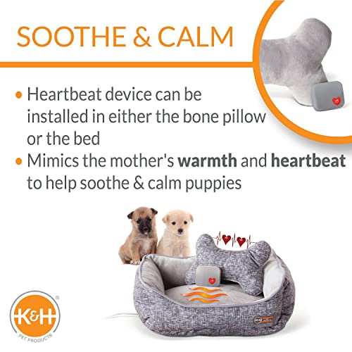 Mother's Heartbeat Heated Dog Bed with Bone Pillow Puppy Toy Gray 11 X 13 Inches