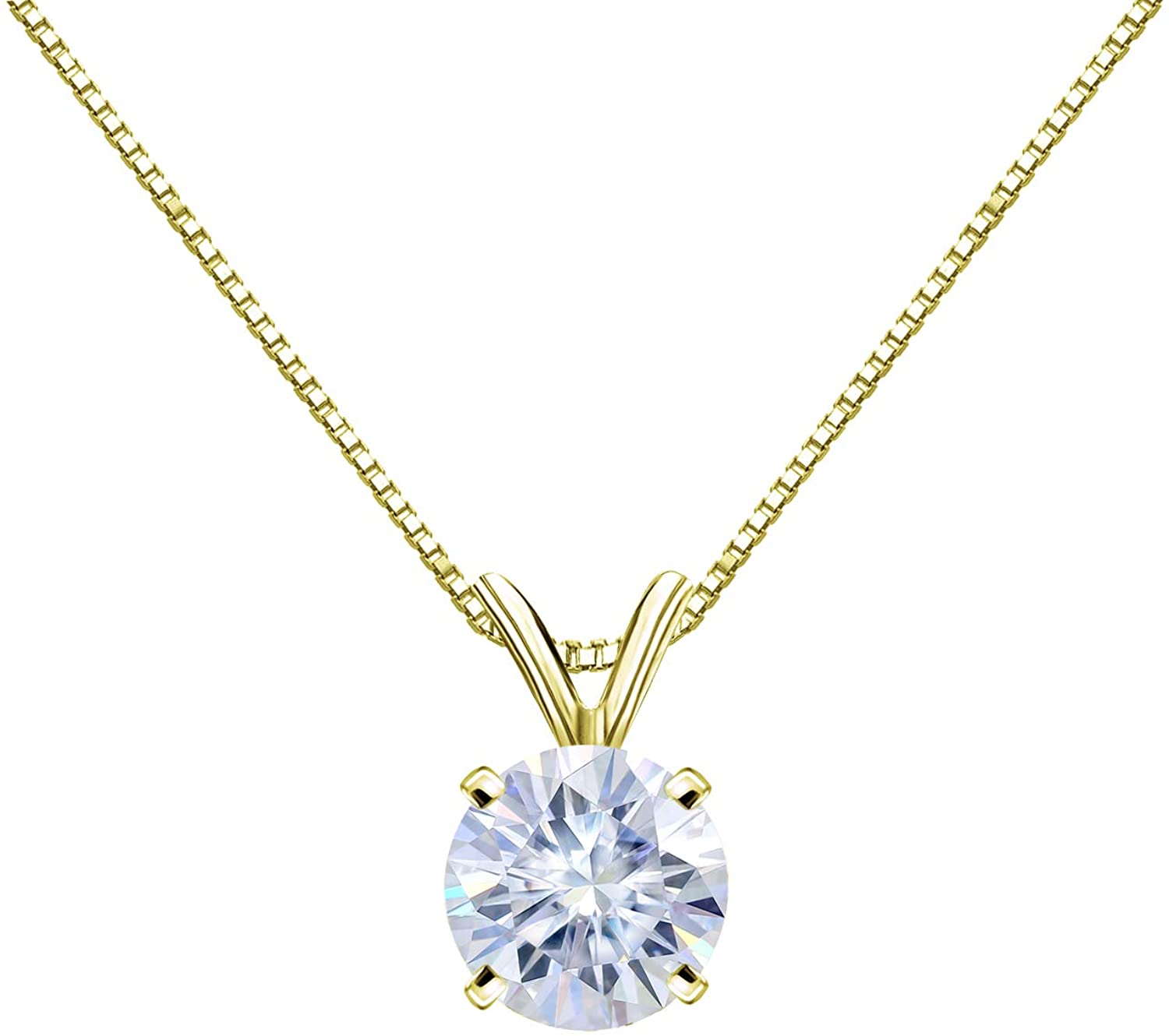 1/2 Carat Round Moissanite Solitaire Pendant Necklace in 14k Gold (H-I, cttw) 4-Prong 16 to 18 Inch Adjustable Chain Spring Ring