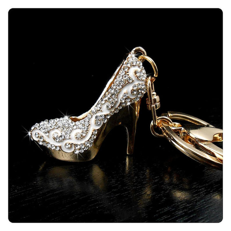 Crystal High Heel Shoe Keychain Purse Charm, White Handbag & Backpack Charm, Rhinestone Car Accessories For Women, Bling Car Decor Accessory