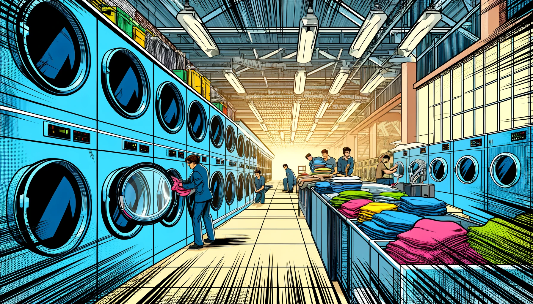 Commercial Laundry Scene in Comic Book Style for GEMÜ Valve Buyer's Guide - Optimize GEMÜ Valve Sales