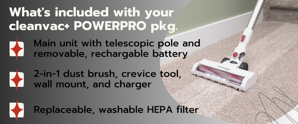 cleanvac+ POWERPRO cordless vacuum infographic