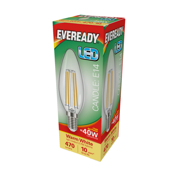 Eveready LED Filament Candle 470LM E14 SES 4W 27000K 0