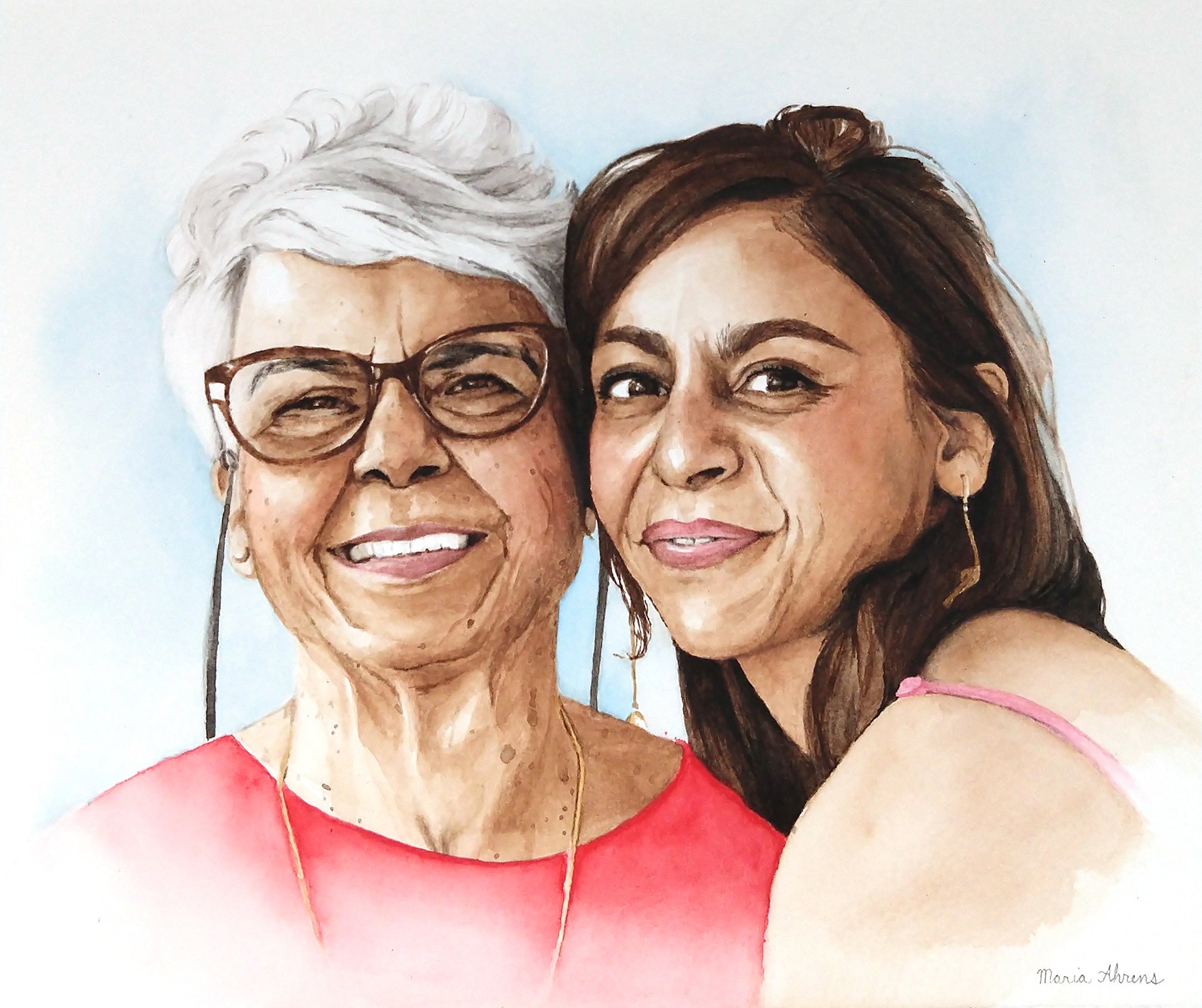 Watercolor portrait of mother and daughter