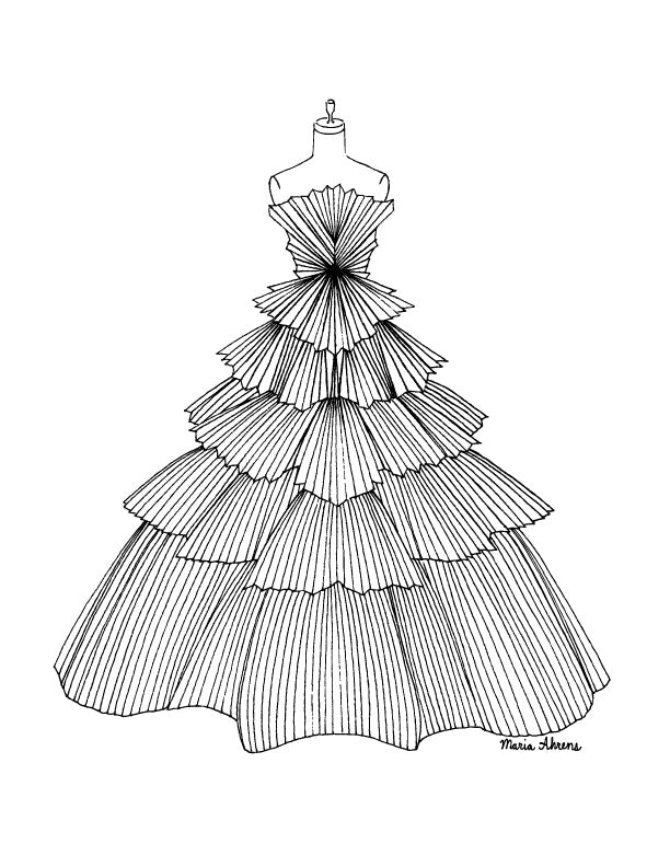 Pleated dress fashion coloring page by Maria Ahrens