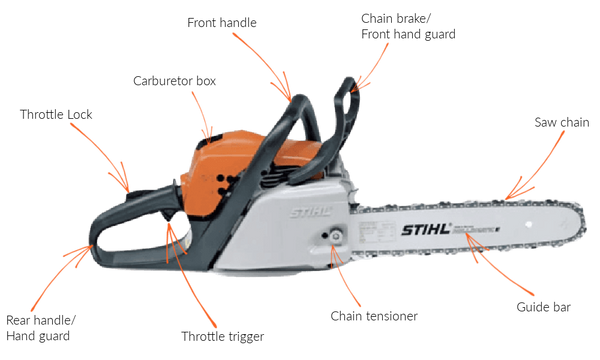 Labelled diagram of a chainsaw