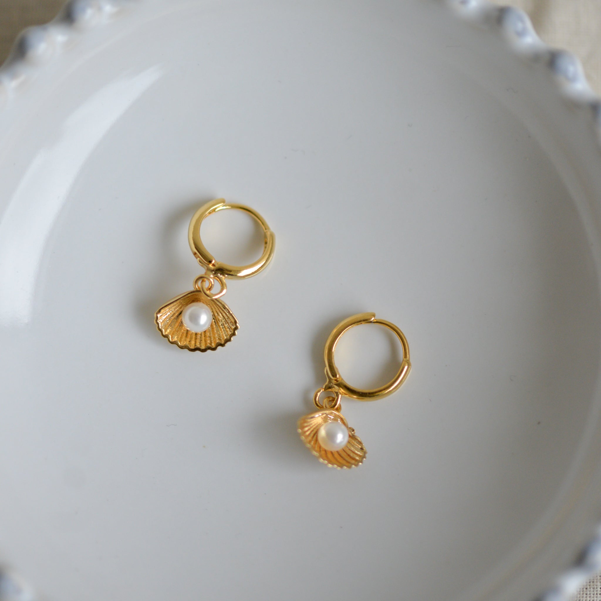 Gold Shell with Pearl Huggie Earrings