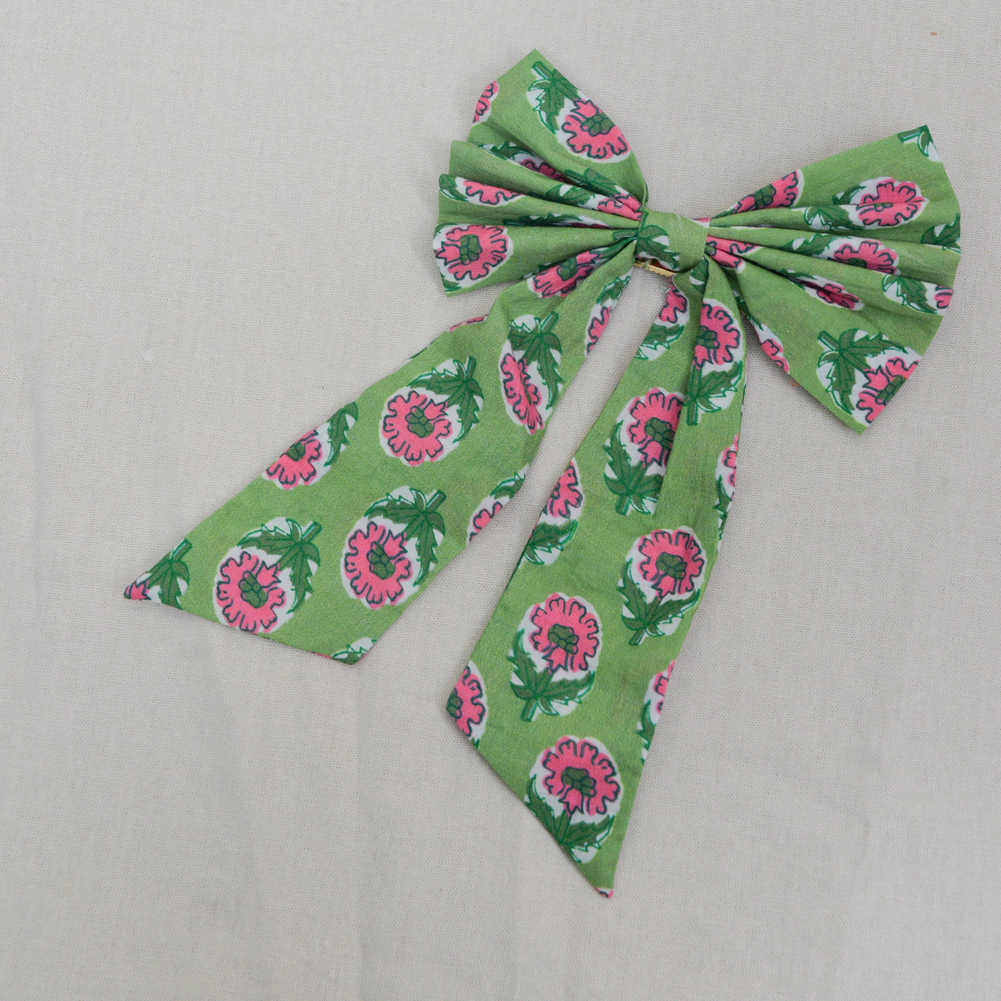 Green and Pink Flower Bow Hair Clip