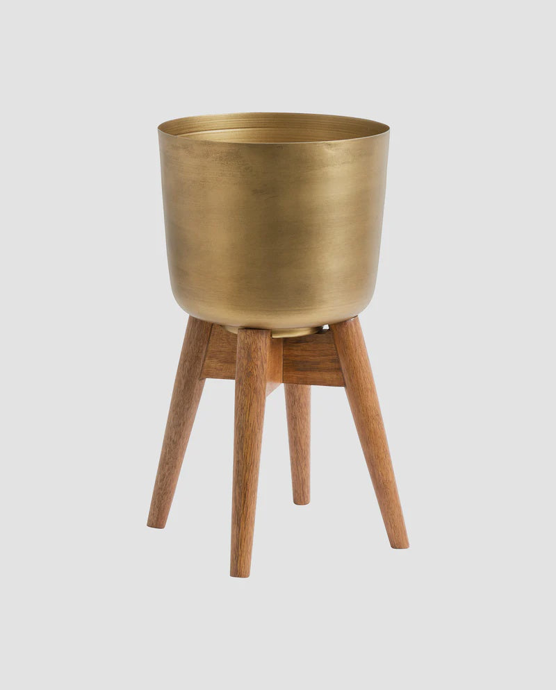 Nordal Brass Planter on Wooden Stand