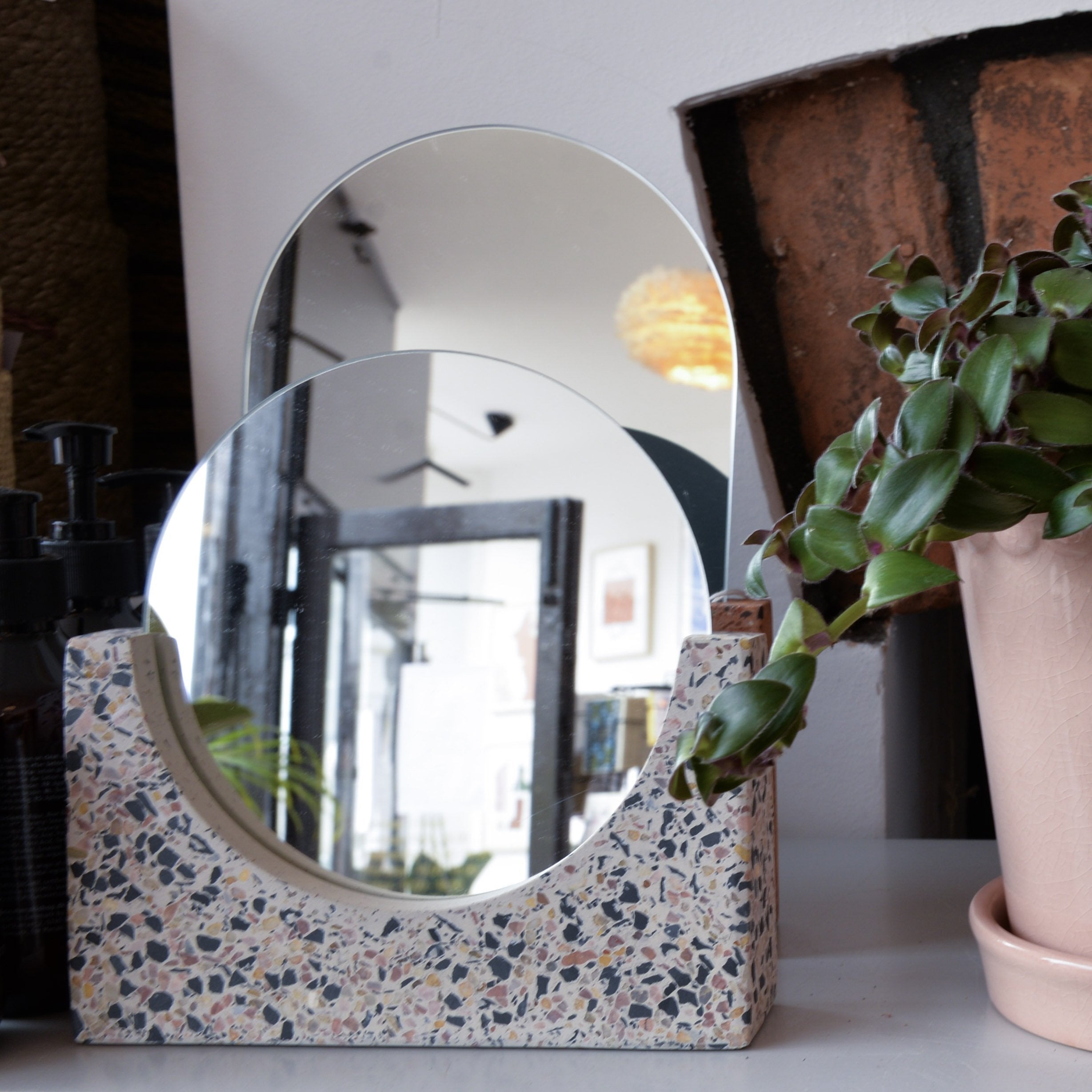 Hubsch Mirror on Grey Terrazzo Stand