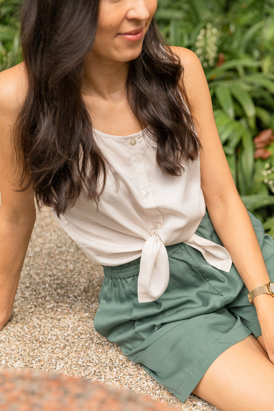 Lizzy Homersham wearing Tove & Libra Tencel Tank Top and Bermuda Shorts