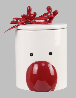 Red Nose Deer Ceramic Cookie Jar Set