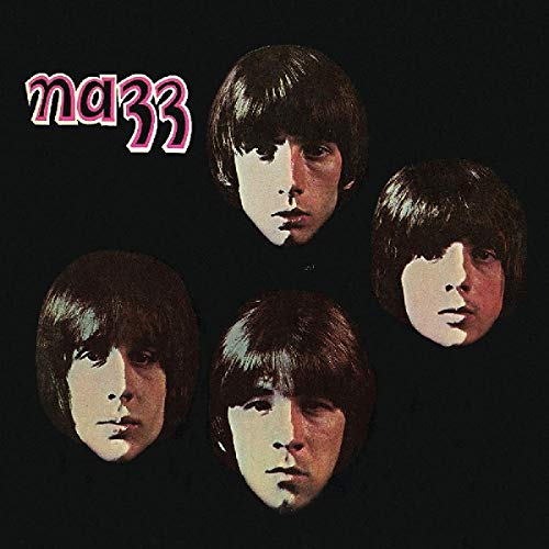 "Album cover featuring four men with dark hair against a black background."