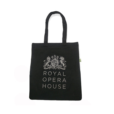 Black cotton tote bag with white ROH logo on side