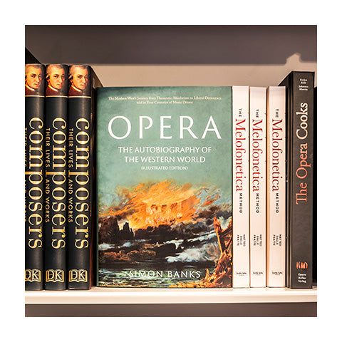 A book about opera sitting on a bookshelf.