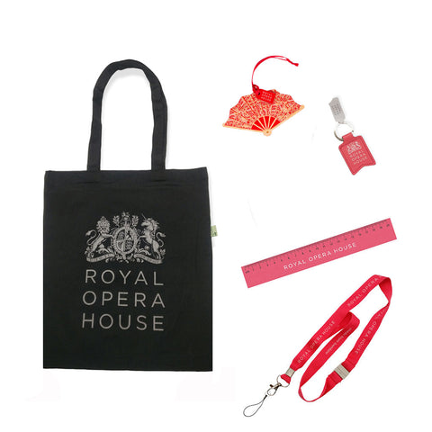 Bundle collection of a black ROH tote bag, red lanyard, red ruler and keyring
