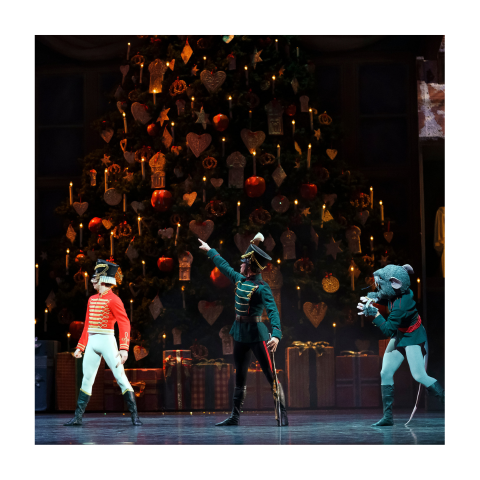 Ballet dancers perform onstage in a production of The Nutcracker.
