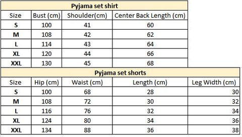 size chart for satin pyjama sets with fluffy slippers and playful prints to feel comfy