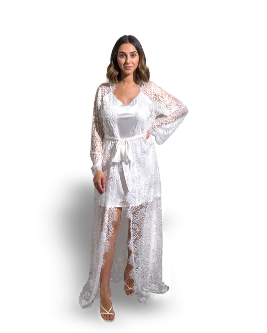Emalie Long Lace Trim Robe - Elegant Bridal Pyjamas & Bride PJs – Get  Spliced