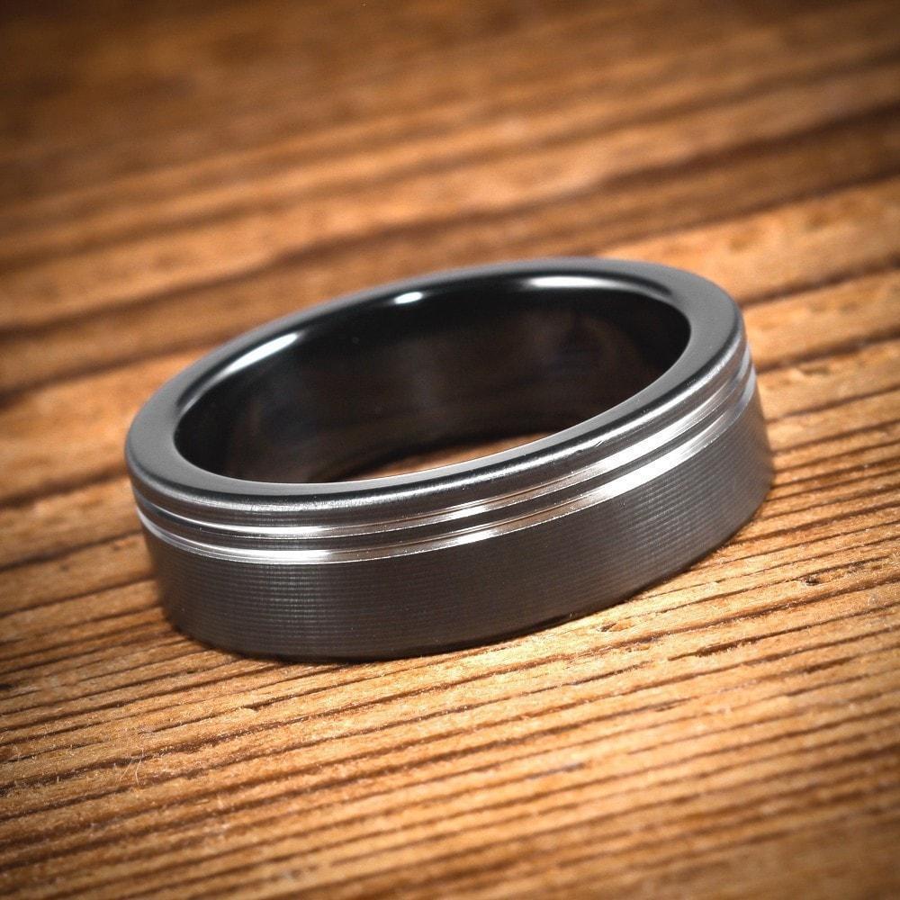 Black Zirconium Bi-Color Ring with Two Offset Stripes