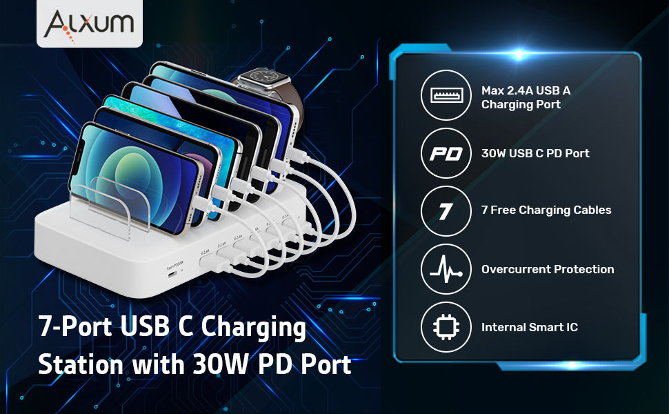 7 Ports USB C Charging Station 30W PD with Cables