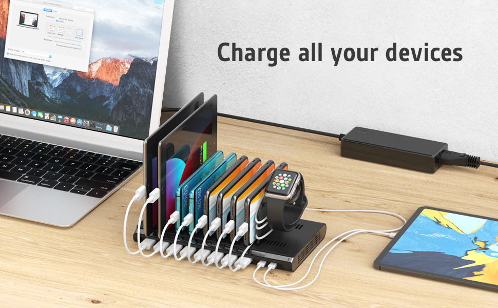 10 Ports USB Charging Station for Multiple Apple Devices 120W  with iWatch Stand