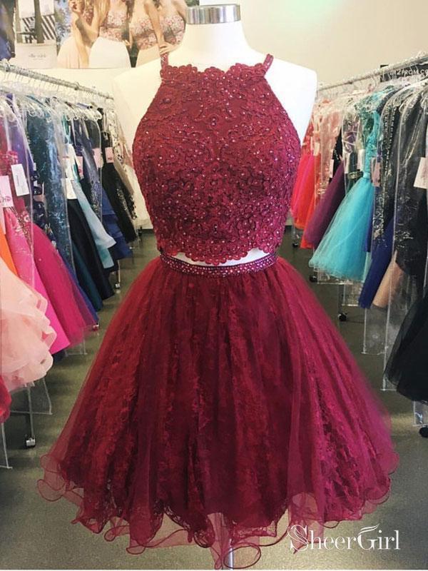 A-line Halter 2 Piece Lace Short Prom Homecoming Dresses APD2743 ...