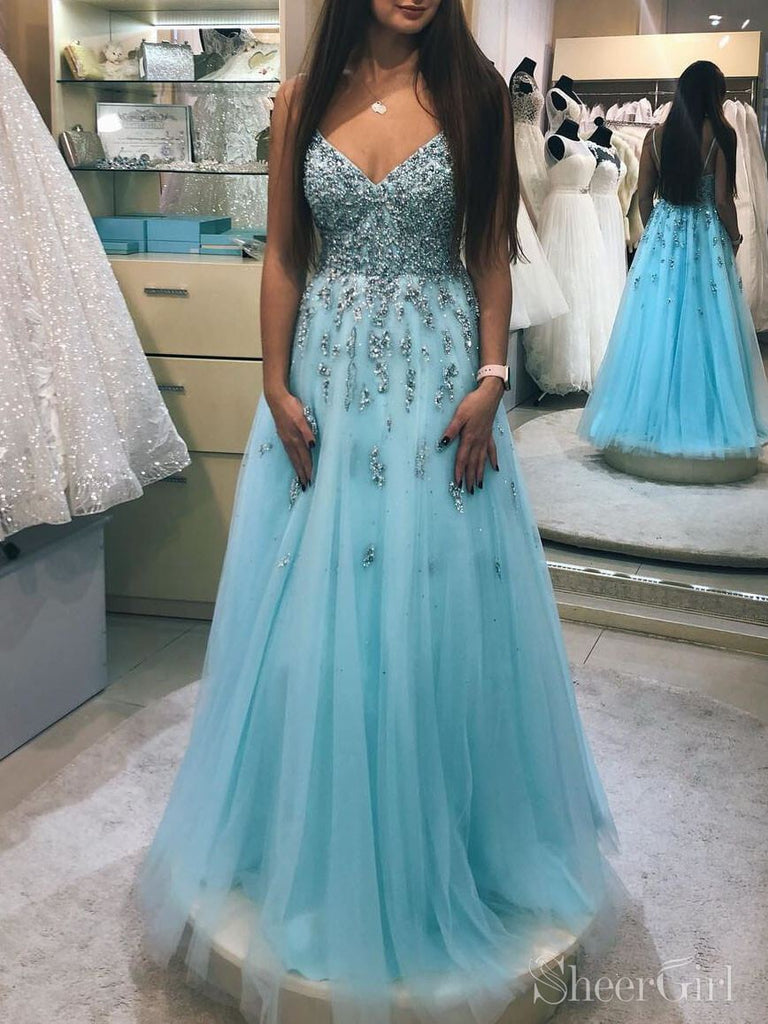 A-line V-neck Beaded Prom Dresses Lace Prom Gowns ARD2185 – SheerGirl